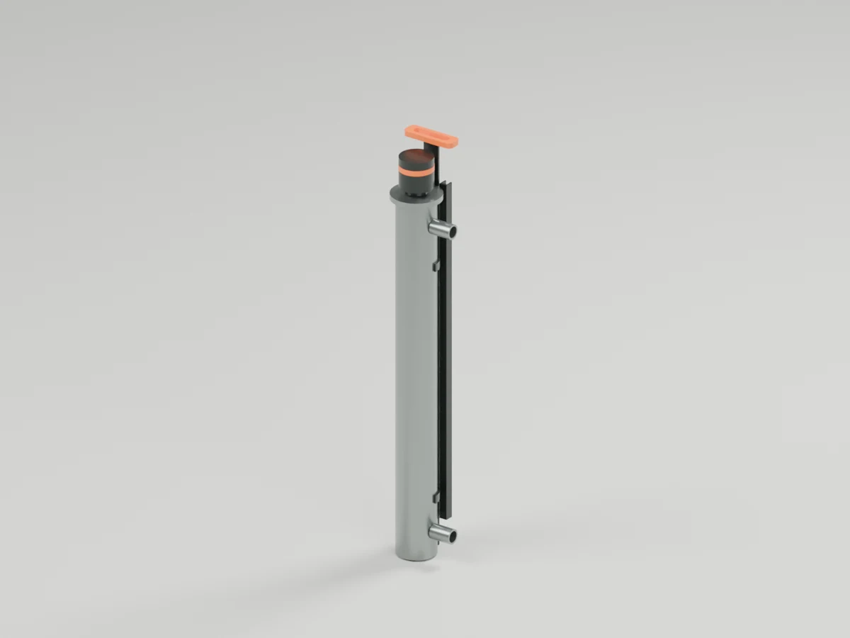 Assembled reactor. R1 assembled packaging study. The 90 mm body and 952 mm carrier height are preliminary dimensions, not a rated reactor.