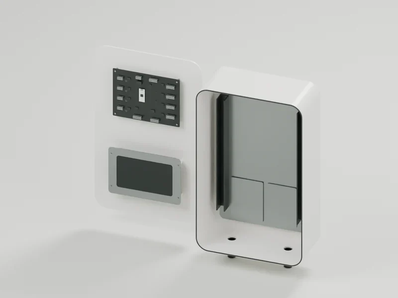 Controller — Service access. Spread-open inspection pose. PCB packages are placement reserves; hinge motion and circuitry are incomplete.