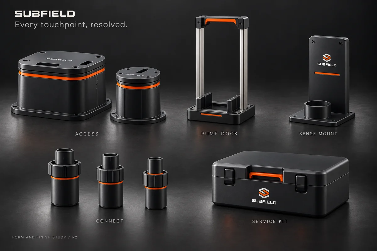 Service products in graphite and Subfield orange; proposed form and finish