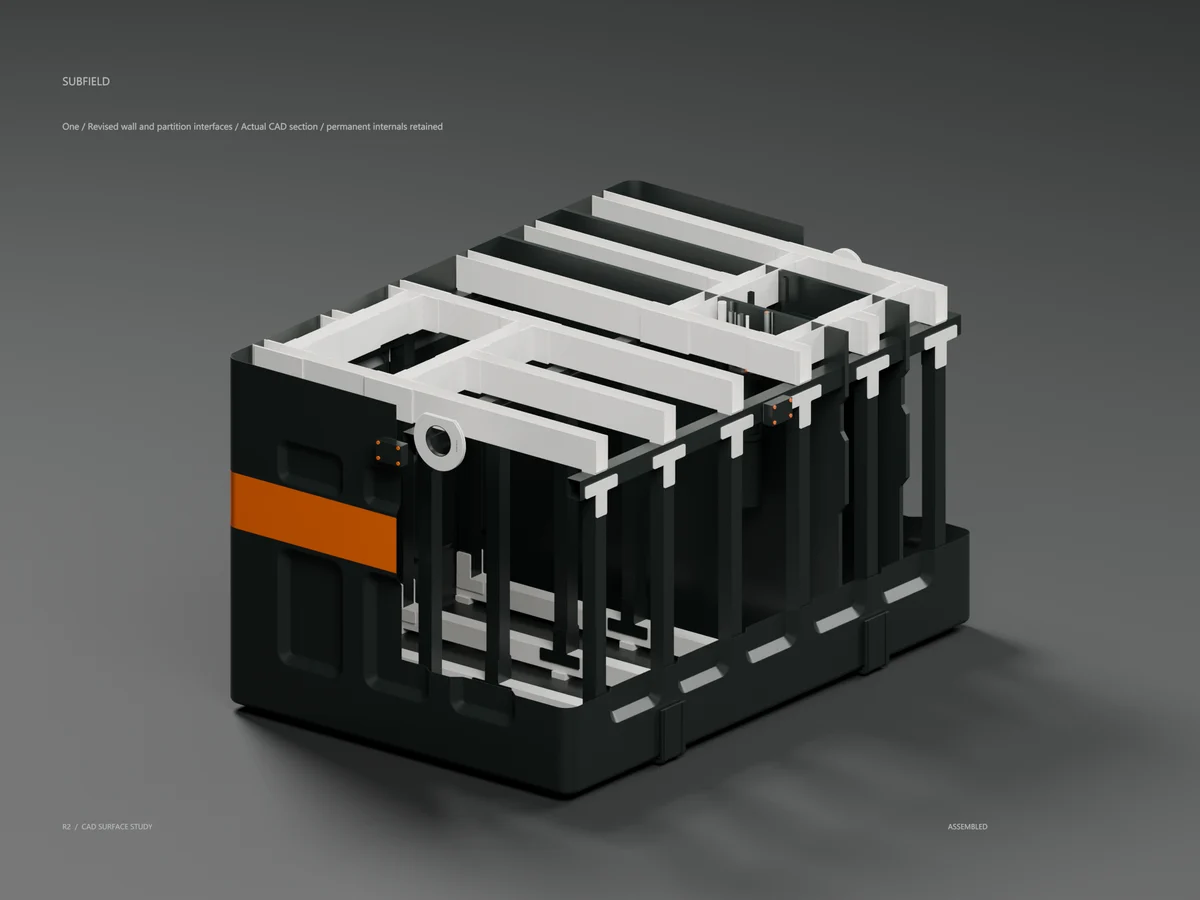 CAD cutaway exposing permanent tank partitions and equipment